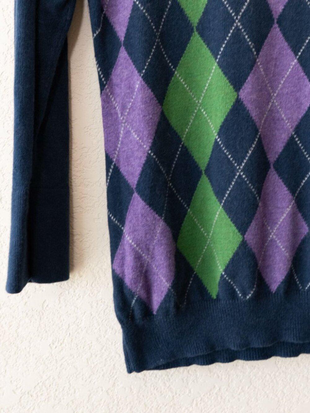 Banana Republic Argyle Sweater XS Navy Blue Angora Rabbit Blend 3/4Sleeve Preppy - Picture 6 of 14